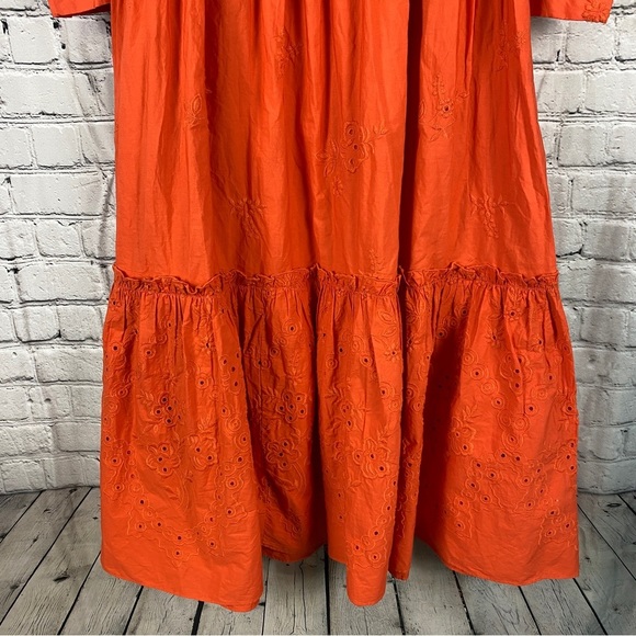 Zara Poplin Embroidered Midi Dress Eyelet Ruffled Puff Sleeve Orange - Picture 5 of 10